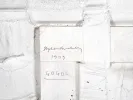 Stephen Buckley artwork, IB07272, showing a white textured abstract canvas with the handwritten title "GOGOL" and date 1979.