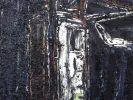 Claude Jouhanneau abstract painting, IB07277, with dark textured brushstrokes and a bright white vertical form.