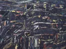 Claude Jouhanneau, IB07293: abstract composition painting with dark layered brushstrokes and small accents of yellow, red, and white.