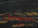 Claude Jouhanneau abstract composition, close-up of dark textured oil and mixed-media canvas with red markings, SKU IB07293.
