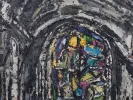 Claude Jouhanneau, IB07296: abstract textured painting with dark arches and colorful brushstrokes.