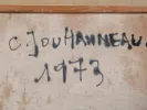 Claude Jouhanneau artwork, IB07296, showing a close-up of the signed canvas back with black painted lettering and date 1973.