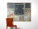 Claude Jouhanneau, IB07304: abstract mixed-media oil painting on canvas with dark and light blocks; orange chair in front.