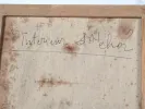 كلود جوهانيو، IB07309: ظهر لوحة قماشية مجردة مع إطار شدّ وكتابة يدوية وتوقيع/تأريخ.