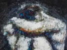 IB07320, gouache de Reza Yahyaei : peinture abstraite d’une femme nue assise en tons blancs et bleu foncé.