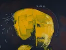 Tableau abstrait acrylique de Soly Cissé aux tons jaunes sur fond sombre, signé et daté, SKU IB07322.