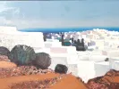 لوحة أندريه بريكا الزيتية على قماش، IB07324، تُظهر قرية يونانية بيضاء على البحر تحت سماء زرقاء فاتحة.