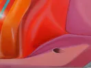 Margot Romer, « Camino Hacia la Tarde », IB07334 : peinture abstraite à l’huile avec formes courbes rouges, orange, roses et violettes.