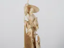 Japanese ivory fisherman okimono on wooden base, Meiji period, signed, SKU IB07522.