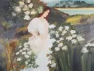 Claire Chevolleau, IB07746 : peinture d’une jeune femme en robe blanche parmi des fleurs blanches dans un paysage.
