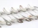 SKU IB08112 : lot de 12 cuillères Art Nouveau en argent massif, avec manches gravés de motifs floraux, disposées sur fond blanc.