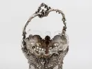 Victor Nuber sterling silver basket with ornate handle and glass insert, visible in the image, SKU IB08127.