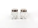 SKU IB08245: pair of cut crystal salt and pepper shakers with sterling silver tops, shown on a white background.
