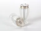 SKU IB08379 : moutardier et saleron en argent massif et cristal taillé, l’un debout et l’autre couché, avec blason couronné.