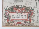 خريطة قديمة من القرن السادس عشر لأورتيليوس، IB08565، تُظهر لوحة العنوان «Turcici Imperii Descriptio» مع زخارف ونص لاتيني.