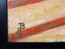 بيرث بريلينجارد، IB08771: لقطة مقرّبة لعمل تجريدي زيتي بملمس بارز وألوان كريمية ووردية وصفراء وحمراء، مع حرف أحادي أسود داخل إطار خشبي.