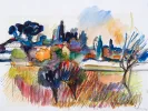 Jean Marzelle watercolor landscape of St Rémy, abstract colorful village scene, IB08772