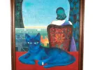Ksenia Milicevic, IB08775: painting of a blue cat in the foreground and a seated woman seen from behind, with Art Nouveau-inspired composition.