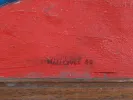 Ksenia Milicevic, IB08775, close-up of red painted canvas with visible signature near the bottom edge.