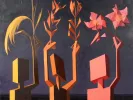 Andrée Pollier geometric floral composition artwork, IB08823, with stylized abstract flowers in pink, orange, and yellow on a dark background.