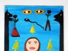 IB09158, Moustafa Khalidy attributed oil on canvas: naive-style painting with a woman’s face, blue background, eyes, bells, flowers, and black figures.