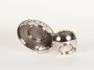Leon Lapar sterling silver chocolate cup and saucer, SKU IB09600, shown from the underside with leaf garland decoration.