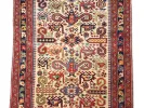 Caucasian Chirvan Kuba Perpedil rug, IB09734, wool rug with geometric motifs, animals and flowers, shown in a cream field with red border.